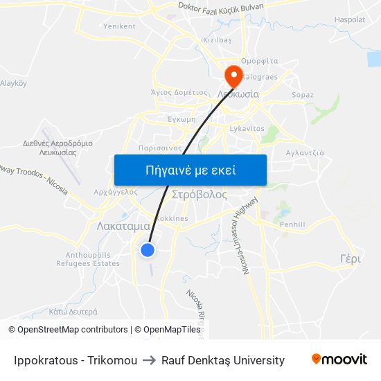 Ippokratous - Trikomou to Rauf Denktaş University map