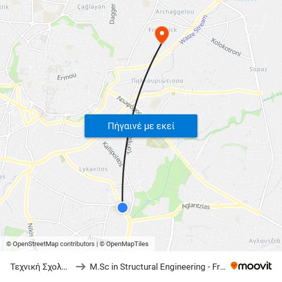 Τεχνική Σχολή Λευκωσίας to M.Sc in Structural Engineering - Frederick University Cyprus map