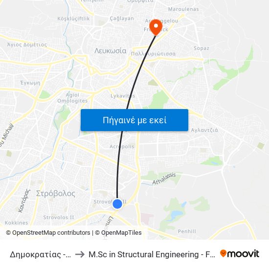 Δημοκρατίας - Ανδρομάχης to M.Sc in Structural Engineering - Frederick University Cyprus map