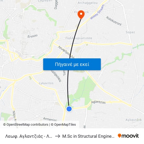 Λεωφ. Αγλαντζιάς to M.Sc in Structural Engineering - Frederick University Cyprus map