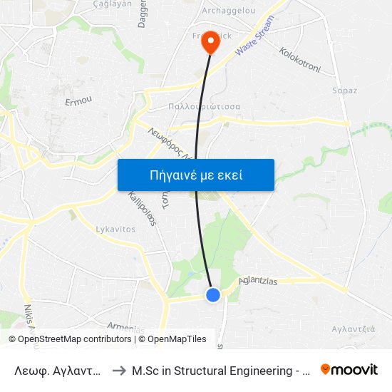 Λεωφ. Αγλαντζιάς to M.Sc in Structural Engineering - Frederick University Cyprus map