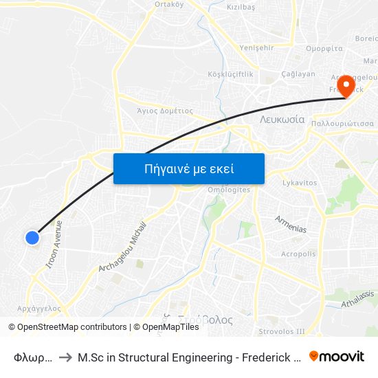 Φλωρίνης - Ανδρέα Αναστασοπούλου to M.Sc in Structural Engineering - Frederick University Cyprus map