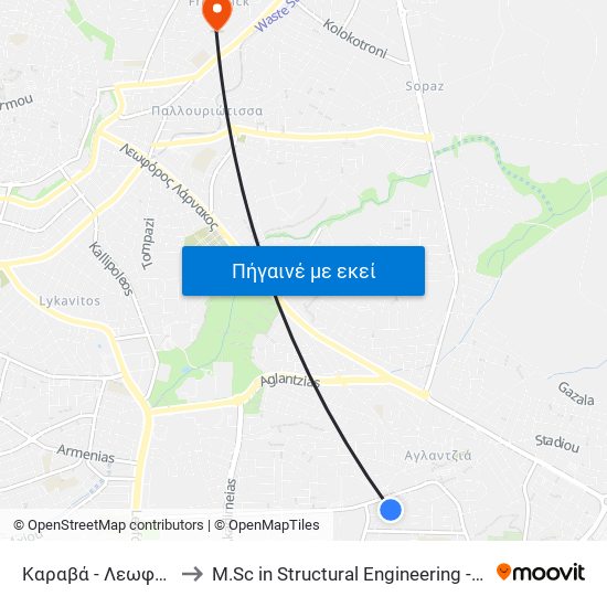 Καραβά to M.Sc in Structural Engineering - Frederick University Cyprus map