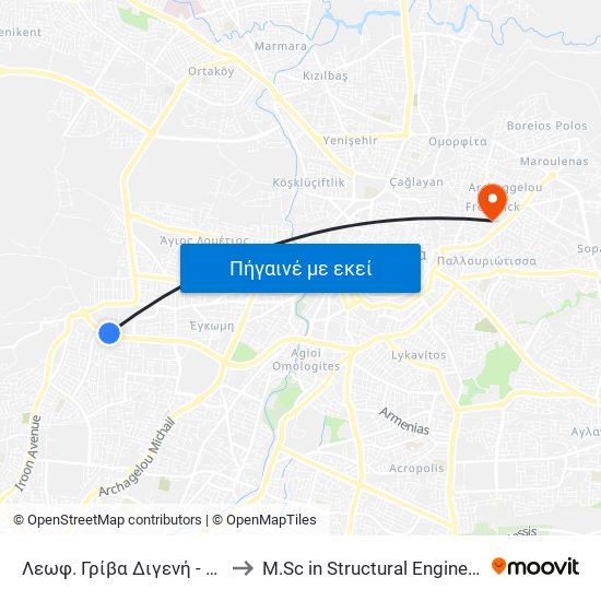Λεωφ. Γρίβα Διγενή - Βιομ. Αγ. Δομετίου-Έγκωμης 2 to M.Sc in Structural Engineering - Frederick University Cyprus map