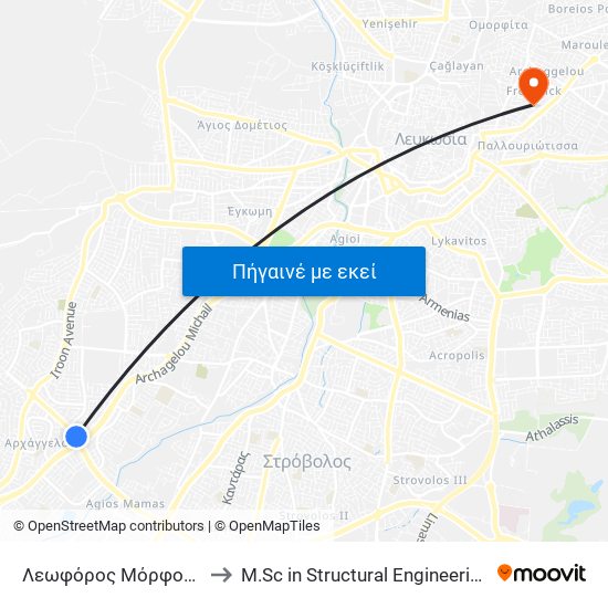 Λεωφόρος Μόρφου - Αρχαγγέλου Μιχαήλ to M.Sc in Structural Engineering - Frederick University Cyprus map