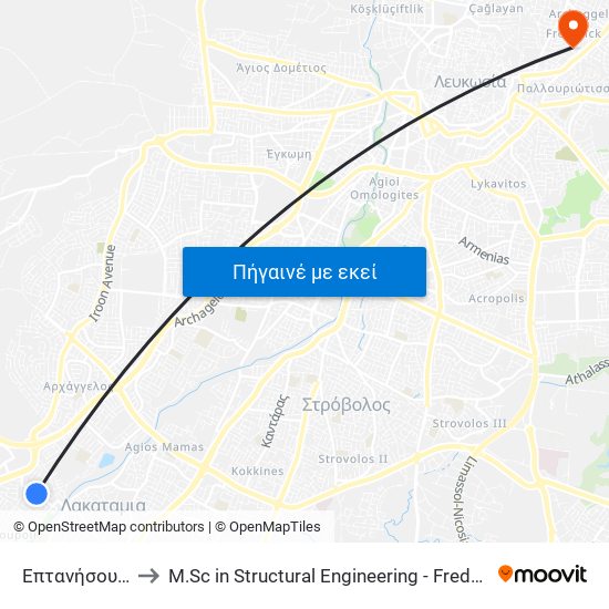 Επτανήσου to M.Sc in Structural Engineering - Frederick University Cyprus map