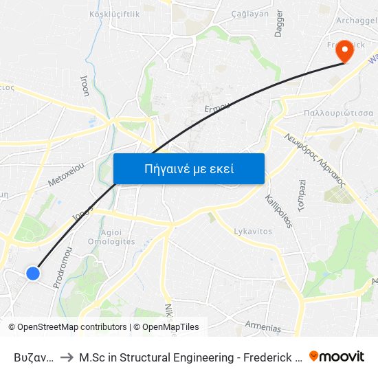 Βυζαντίου to M.Sc in Structural Engineering - Frederick University Cyprus map