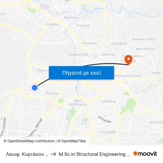 Λεωφ. Κυριάκου Μάτση - Γραβιάς to M.Sc in Structural Engineering - Frederick University Cyprus map