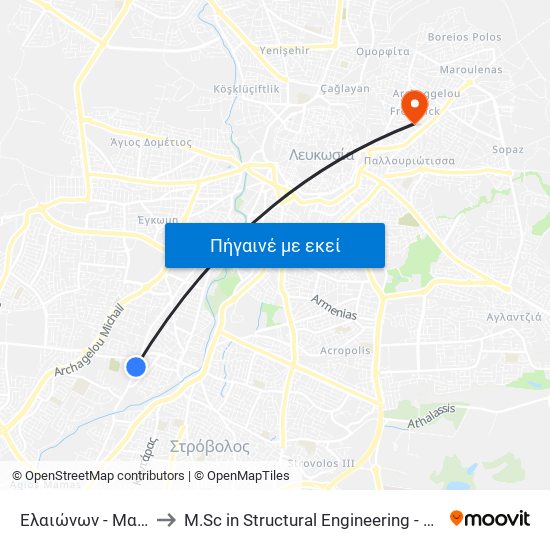 Ελαιώνων - Μακεδονίτισσης to M.Sc in Structural Engineering - Frederick University Cyprus map