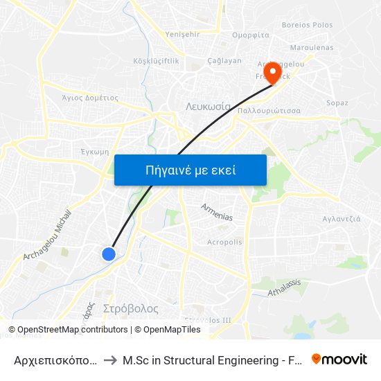 Αρχιεπισκόπου Κυπριανού to M.Sc in Structural Engineering - Frederick University Cyprus map