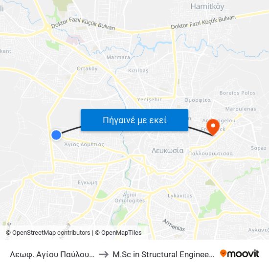 Λεωφ. Αγίου Παύλου to M.Sc in Structural Engineering - Frederick University Cyprus map