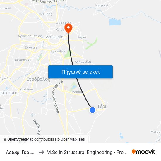 Λεωφ. Γερίου to M.Sc in Structural Engineering - Frederick University Cyprus map