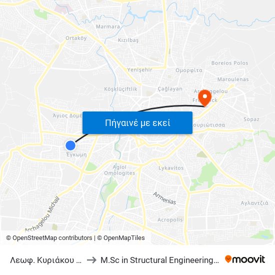 Λεωφ. Κυριάκου Μάτση - Έγκωμης to M.Sc in Structural Engineering - Frederick University Cyprus map
