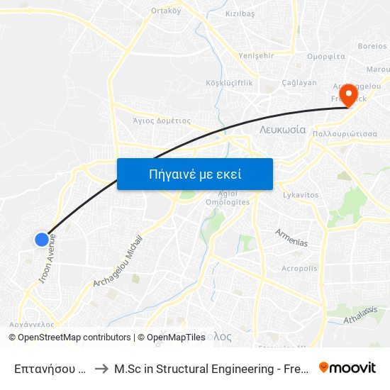 Επτανήσου to M.Sc in Structural Engineering - Frederick University Cyprus map