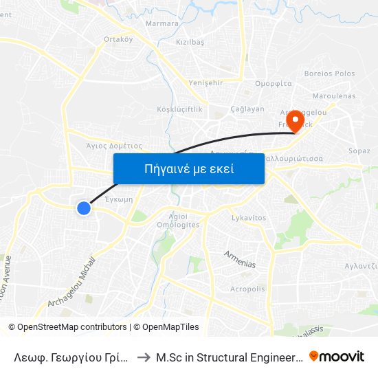 Λεωφ. Γεωργίου Γρίβα Διγενή - Χίλτον Παρκ 2 to M.Sc in Structural Engineering - Frederick University Cyprus map