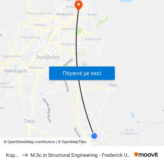 Καραβά to M.Sc in Structural Engineering - Frederick University Cyprus map