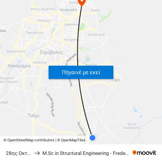 28ης Οκτωβρίου to M.Sc in Structural Engineering - Frederick University Cyprus map