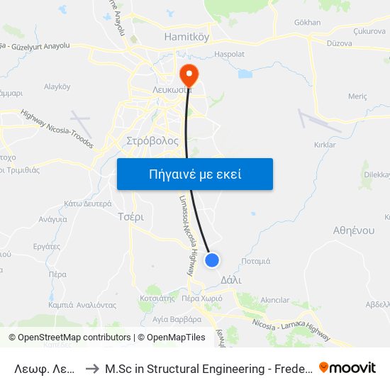 Λεωφ. Λευκωσίας to M.Sc in Structural Engineering - Frederick University Cyprus map