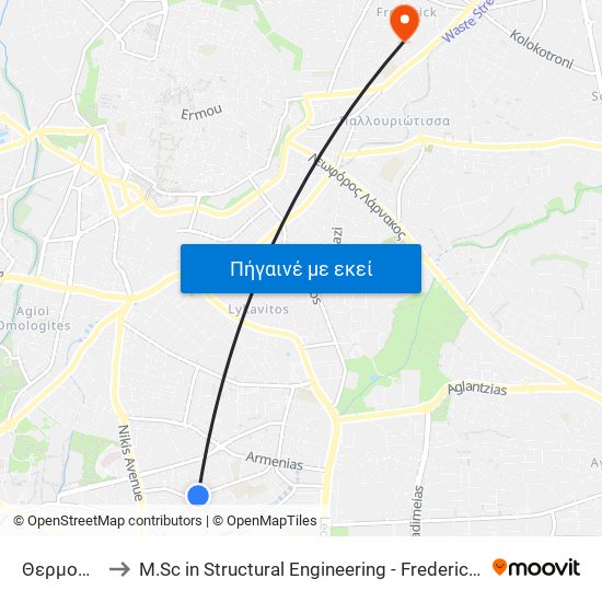 Θερμοπυλών to M.Sc in Structural Engineering - Frederick University Cyprus map