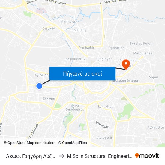 Λεωφ. Γρηγόρη Αυξεντίου to M.Sc in Structural Engineering - Frederick University Cyprus map