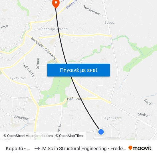 Καραβά to M.Sc in Structural Engineering - Frederick University Cyprus map