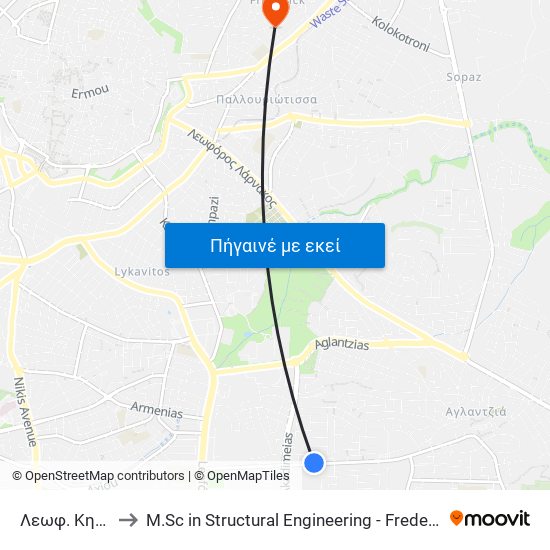 Λεωφ. Κηρυνείας to M.Sc in Structural Engineering - Frederick University Cyprus map