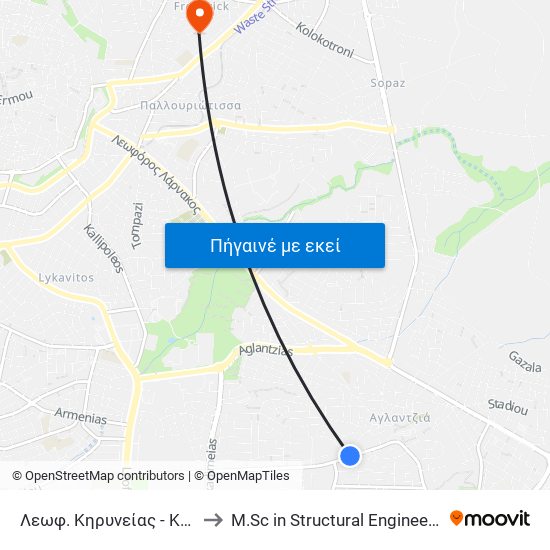 Λεωφ. Κηρυνείας to M.Sc in Structural Engineering - Frederick University Cyprus map