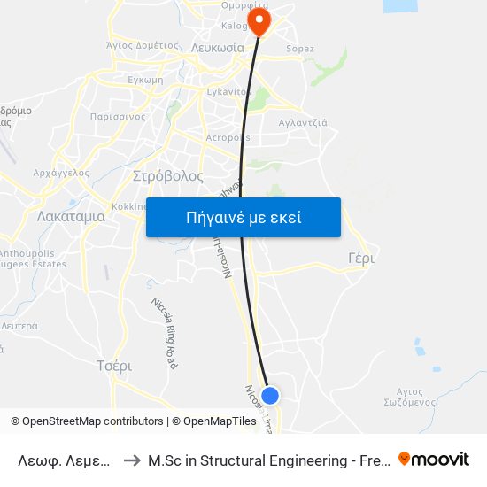 Λεωφ. Λεμεσού - Τήνου to M.Sc in Structural Engineering - Frederick University Cyprus map