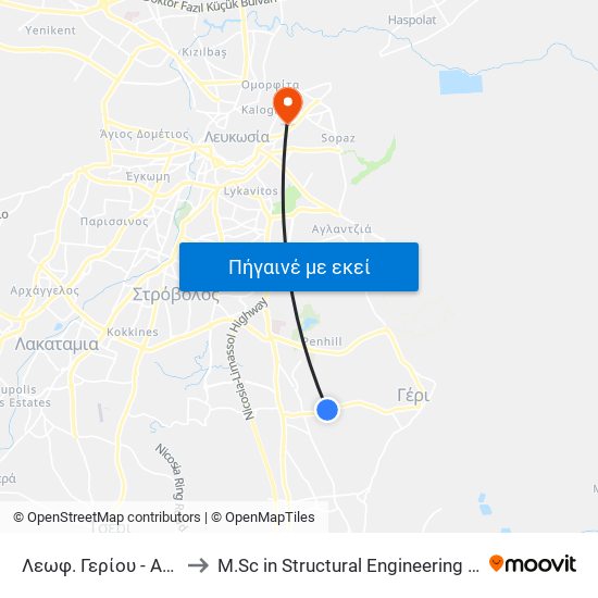 Λεωφ. Γερίου to M.Sc in Structural Engineering - Frederick University Cyprus map