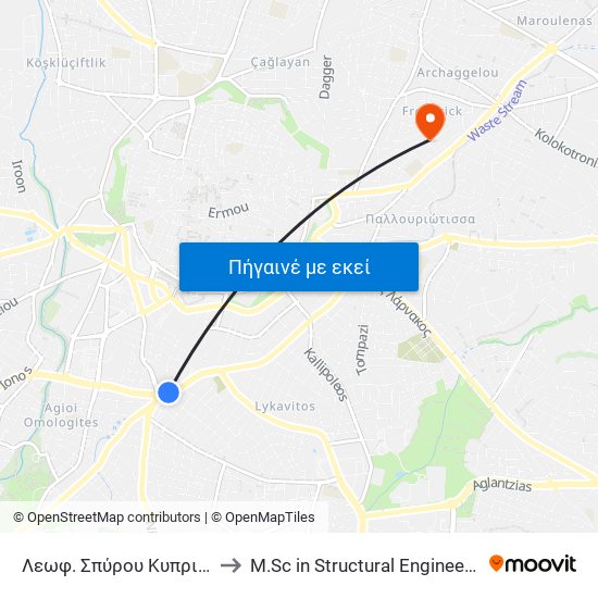 Λεωφ. Γεωργίου Γρίβα Διγενή to M.Sc in Structural Engineering - Frederick University Cyprus map