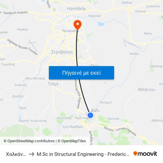 Χαλκάνορος to M.Sc in Structural Engineering - Frederick University Cyprus map