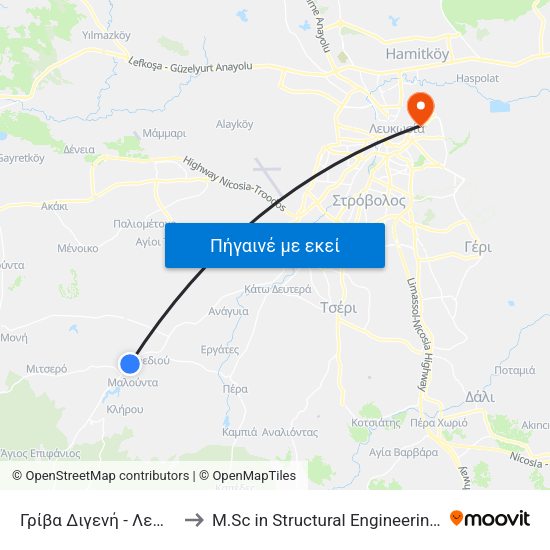 Γρίβα Διγενή - Λεωφόρος Δημοκρατίας to M.Sc in Structural Engineering - Frederick University Cyprus map