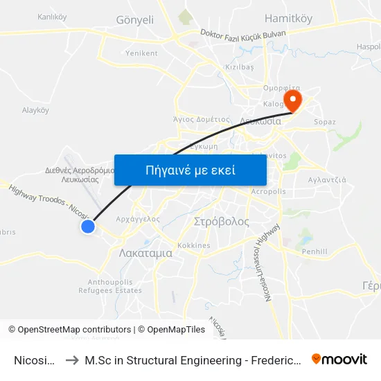 Nicosia Mall to M.Sc in Structural Engineering - Frederick University Cyprus map