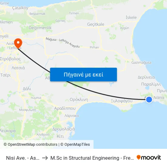Nisi Ave. - Asprovounou to M.Sc in Structural Engineering - Frederick University Cyprus map
