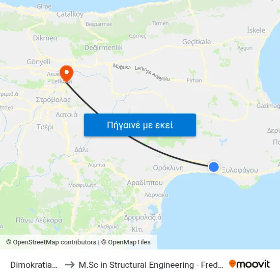 Dimokratias - Pallesi to M.Sc in Structural Engineering - Frederick University Cyprus map
