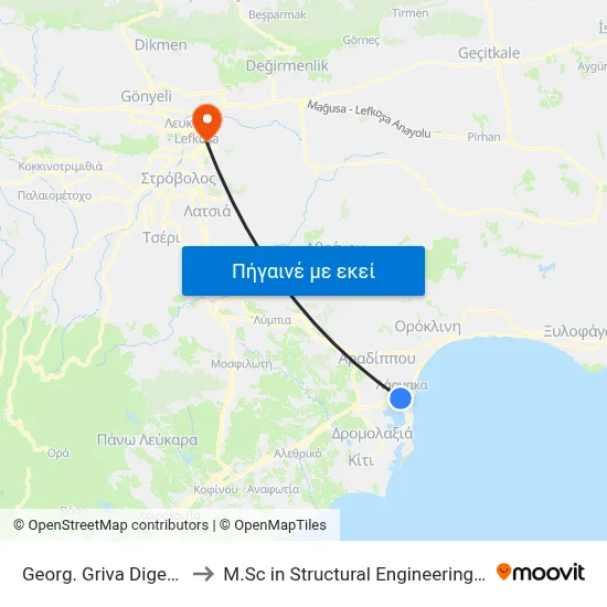 Georg. Griva Digeni Ave. - Ag. Lavras to M.Sc in Structural Engineering - Frederick University Cyprus map