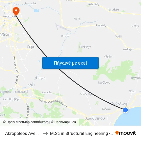 Akropoleos Ave. - Mesaorias Ave. to M.Sc in Structural Engineering - Frederick University Cyprus map