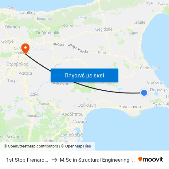 1st Stop Frenaros Industrial Zone to M.Sc in Structural Engineering - Frederick University Cyprus map