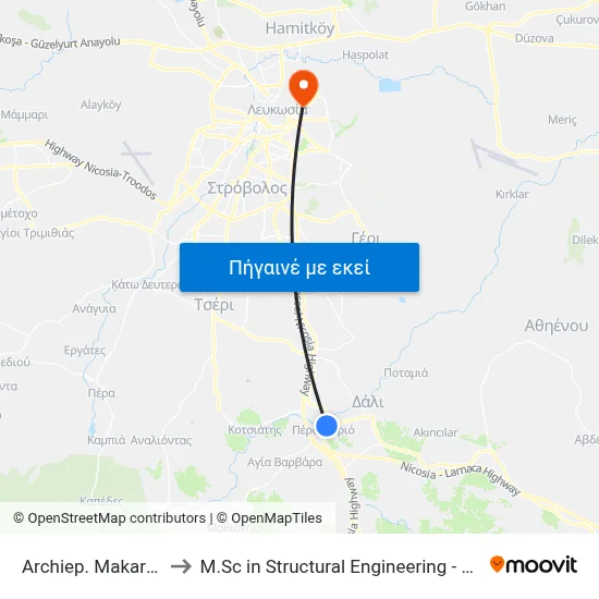 Archiep. Makariou C - Elpidos to M.Sc in Structural Engineering - Frederick University Cyprus map