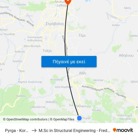 Pyrga - Kornos Road to M.Sc in Structural Engineering - Frederick University Cyprus map