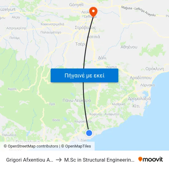 Grigori Afxentiou Ave. - Apost. Andreou to M.Sc in Structural Engineering - Frederick University Cyprus map