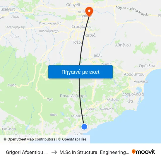 Grigori Afxentiou Ave. - Apost. Louka to M.Sc in Structural Engineering - Frederick University Cyprus map