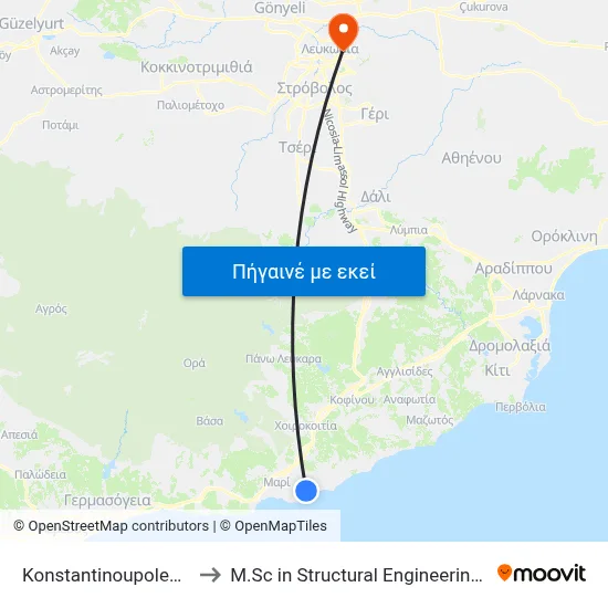 Konstantinoupoleos - Ag. Kyriakou to M.Sc in Structural Engineering - Frederick University Cyprus map