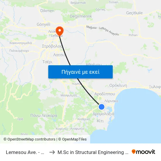 Lemesou Ave. - Charilaou Trikoupi to M.Sc in Structural Engineering - Frederick University Cyprus map