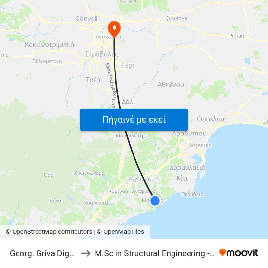 Georg. Griva Digeni Ave. - Evropis to M.Sc in Structural Engineering - Frederick University Cyprus map