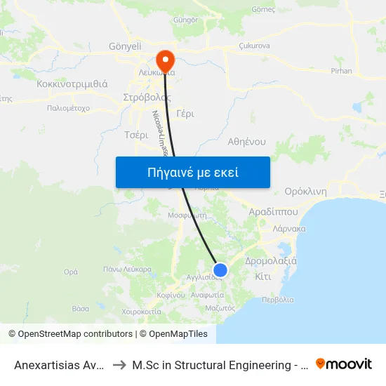 Anexartisias Ave. - Filias Ave. to M.Sc in Structural Engineering - Frederick University Cyprus map