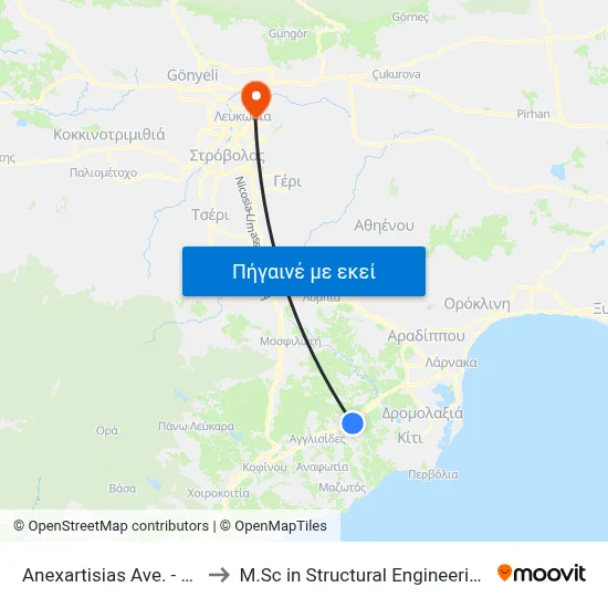 Anexartisias Ave. - Ag. Georgiou Xorinou to M.Sc in Structural Engineering - Frederick University Cyprus map