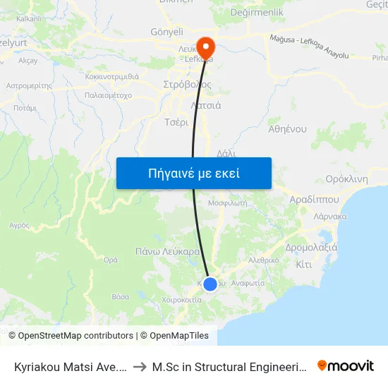 Kyriakou Matsi Ave. - Karaoli Kai Dimitriou to M.Sc in Structural Engineering - Frederick University Cyprus map