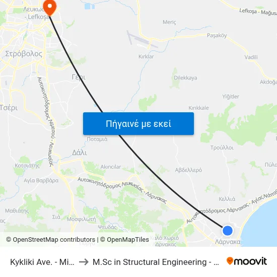 Kykliki Ave. - Michail Kasialou to M.Sc in Structural Engineering - Frederick University Cyprus map