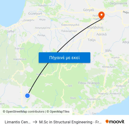 Limantis Central Station to M.Sc in Structural Engineering - Frederick University Cyprus map